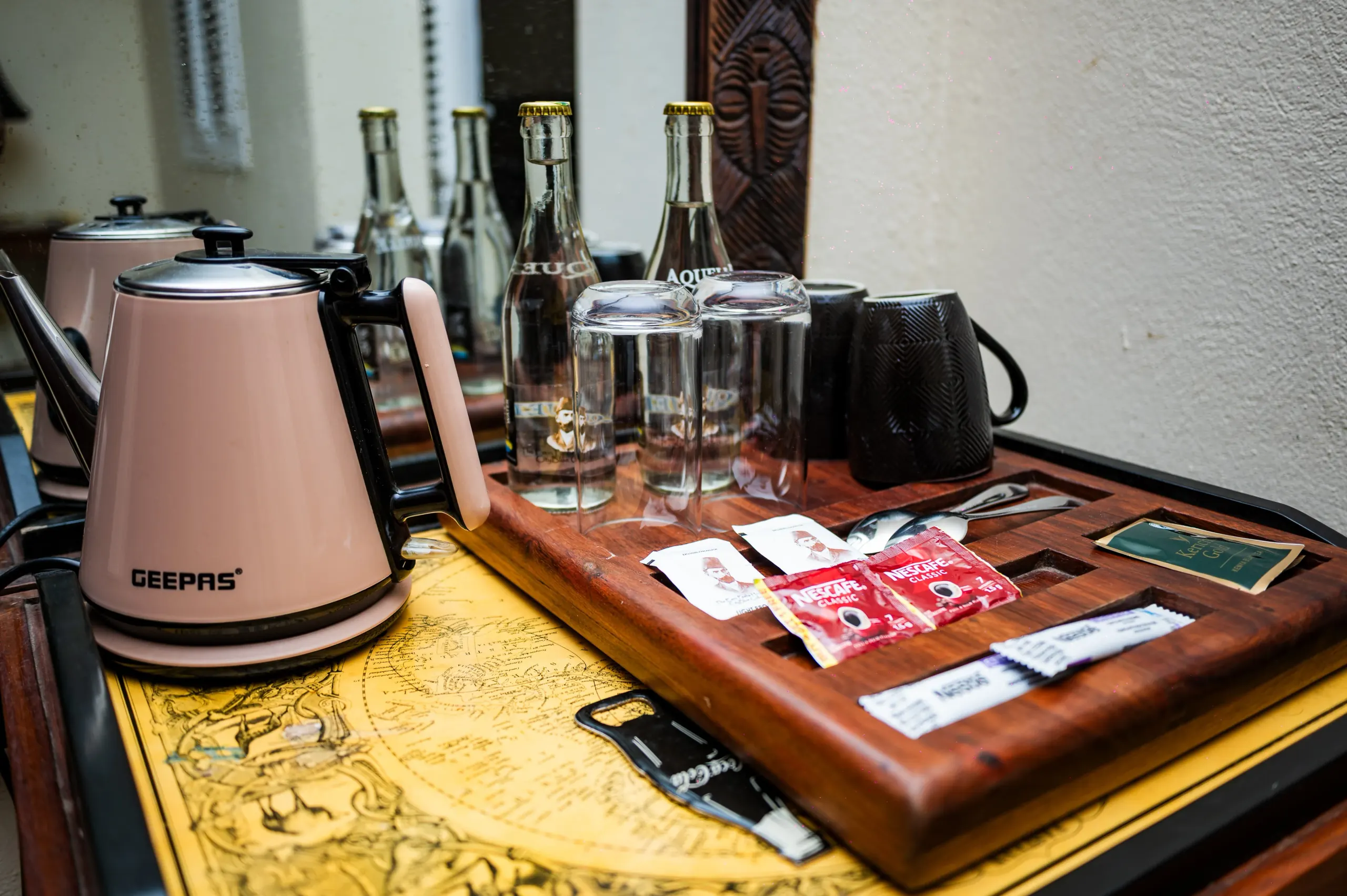 The kettle and tea tray in a Deluxe Room at The Emin Pasha Hotel & Spa