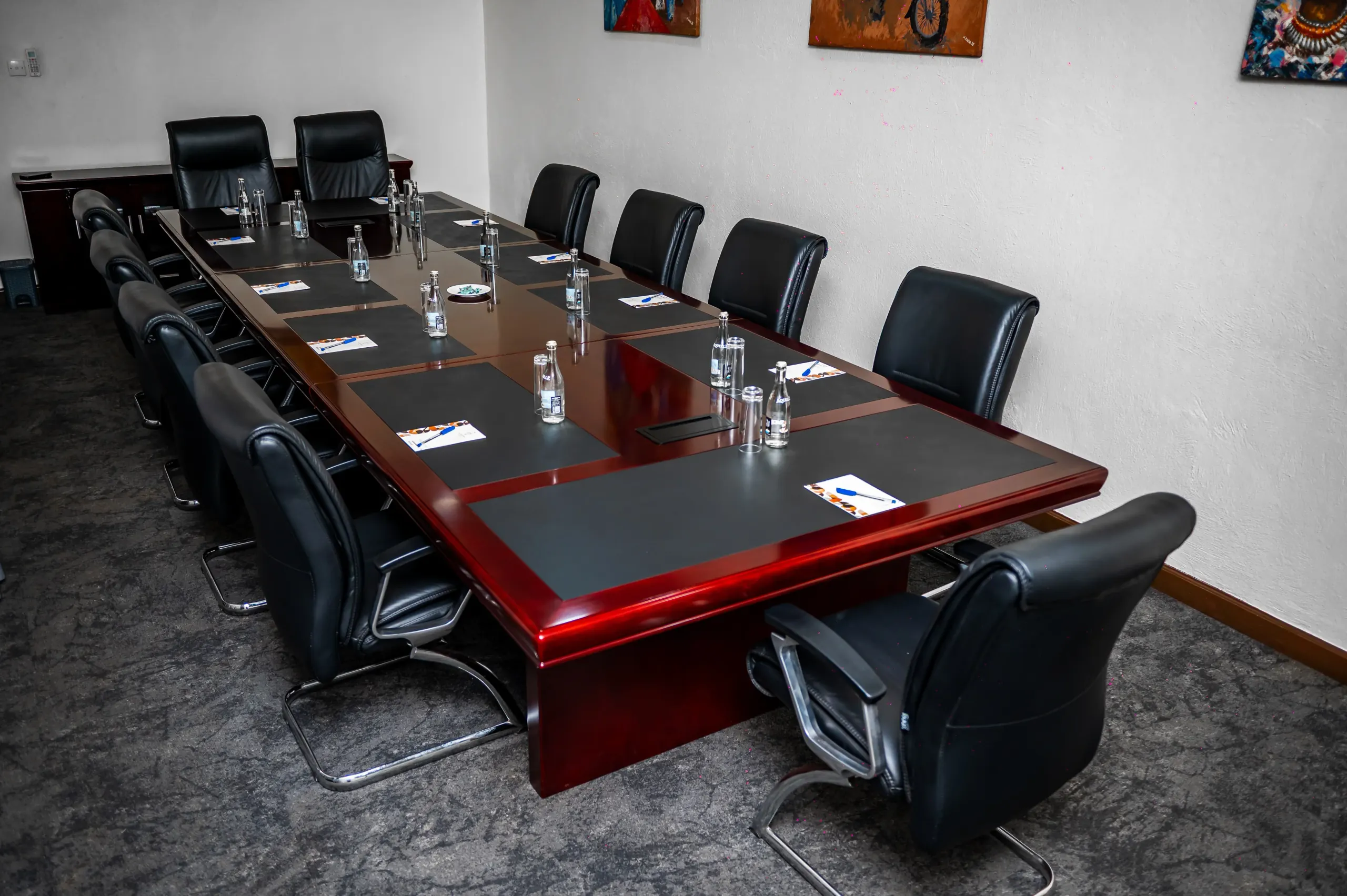 The credenza wall at the far end of The Boardroom