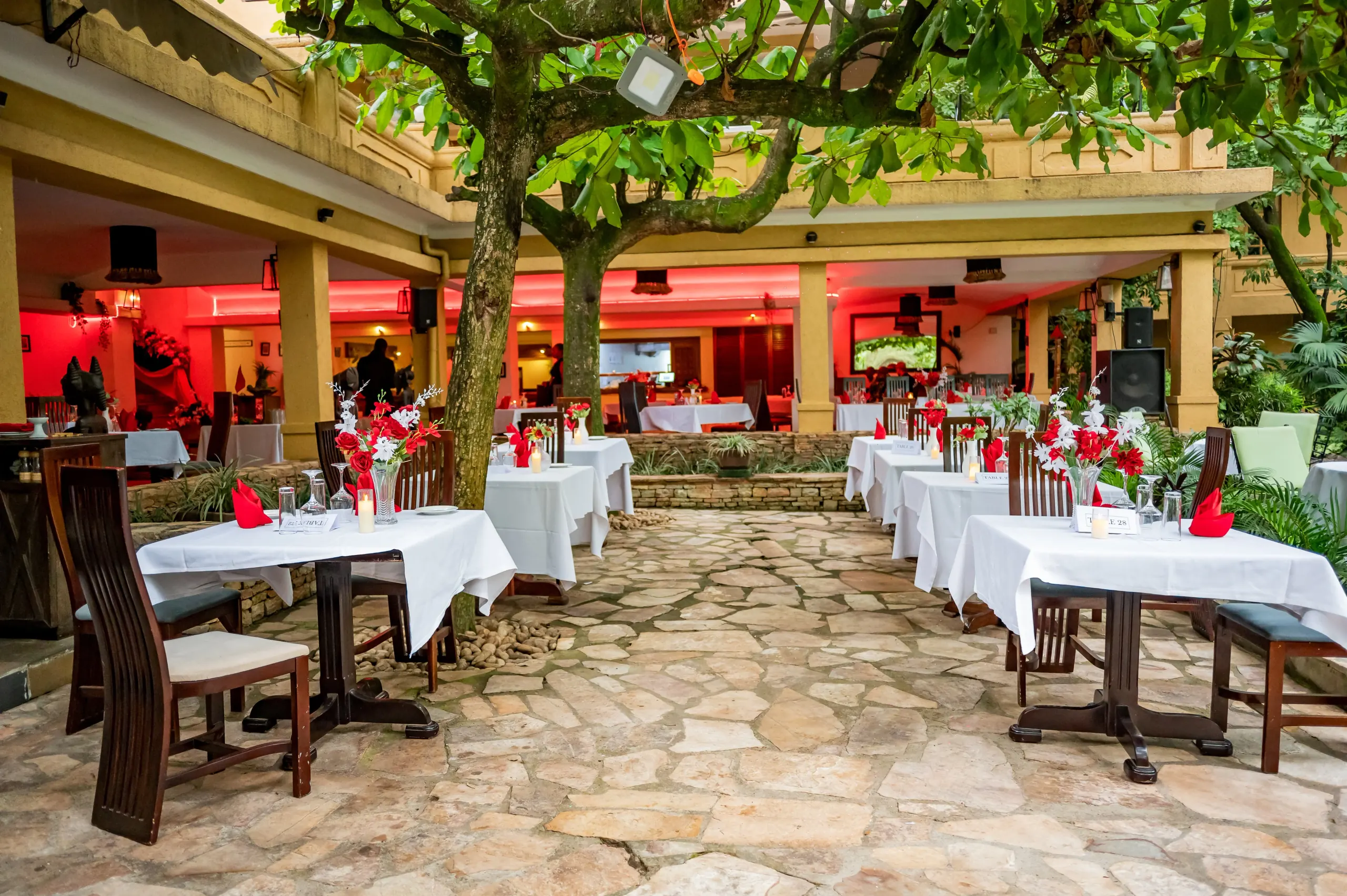 The courtyard restaurant laid for a private celebration