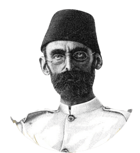 Engraved portrait of Emin Pasha in a fez and military tunic
