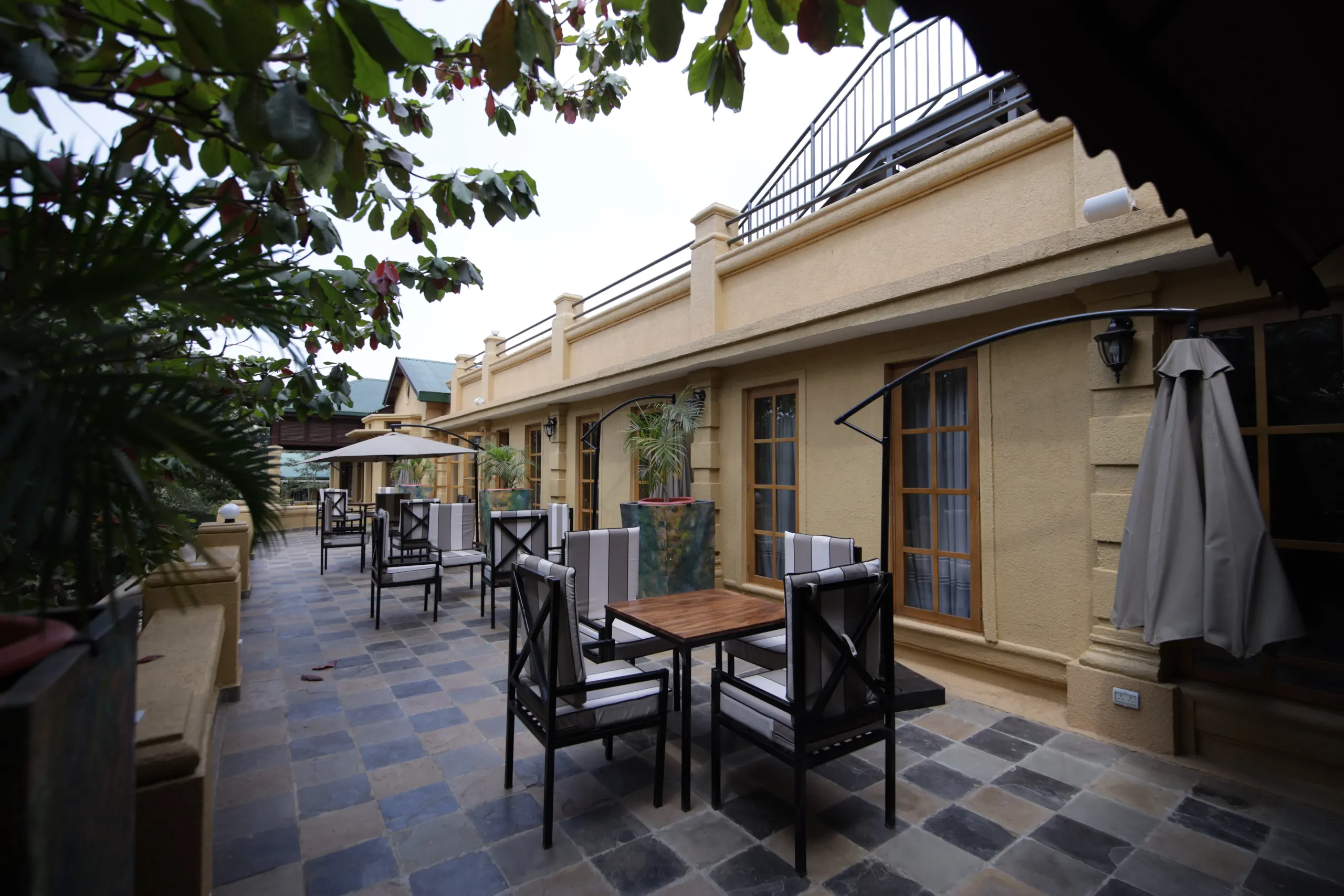 The Rooftop Terrace by day, tables under the balustrade